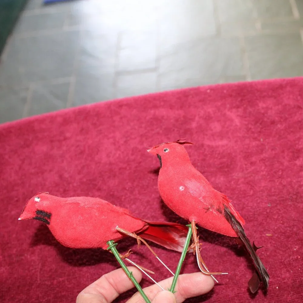 Vintage Cardinals Flocked Red Feathers Plastic Leg, Floral stick - Set of 2